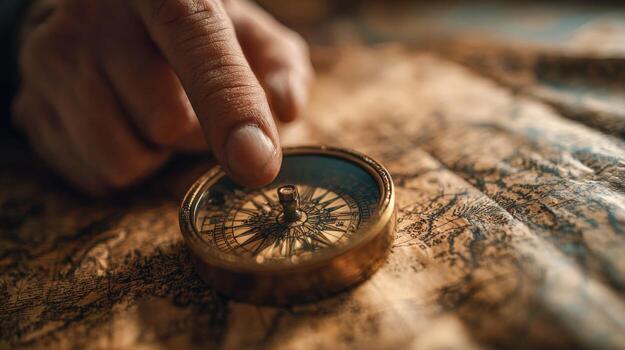 Mans Hand Using Antique Compass on Old Map, Seeking Adventure and Navigational Guidance photo