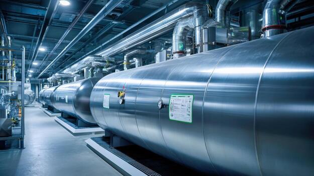 Industrial Water Tanks Array Inside Factory Manufacturing, Engineering, and Process Technology Concepts photo