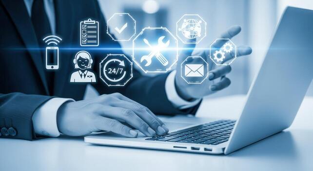 Business Professional Using Laptop with Customer Service and Technical Support Icons Overlayed in Blue photo