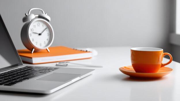 Workstation Composition Laptop, Coffee Cup, and Clock on a White Desk for Productivity and Time Management photo