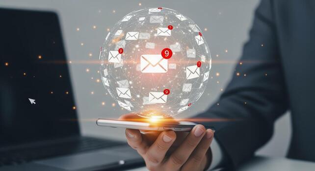 Professional Holding Phone with Email Notification Network, Digital Communication, and Global Connectivity Concept photo