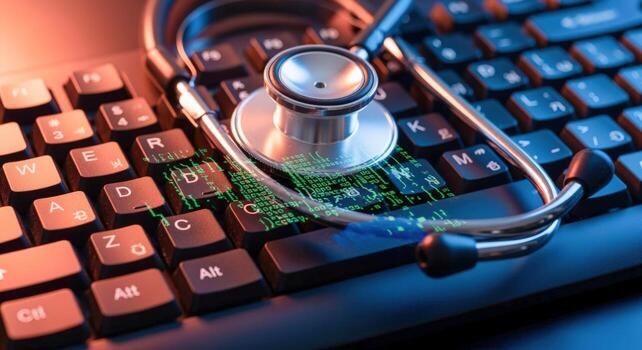 la seguridad cibernética en cuidado de la salud estetoscopio en teclado, digital salud soluciones, médico tecnología y datos proteccion concepto foto