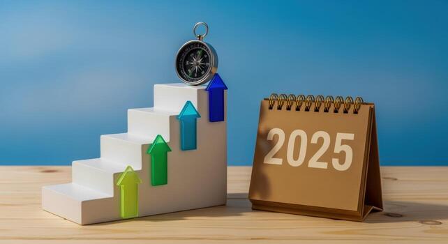 Path to 2025 Conceptual Image of Growth, Direction, and Future Planning with Compass and Calendar photo
