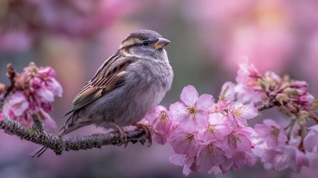 encantador gorrión encaramado en floreciente Cereza florecer rama en primavera serenidad, capturar el belleza de naturaleza foto