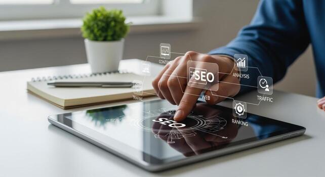 Digital Marketing Specialist Analyzing SEO Data on a Tablet, Optimizing Content Strategy for Online Growth photo