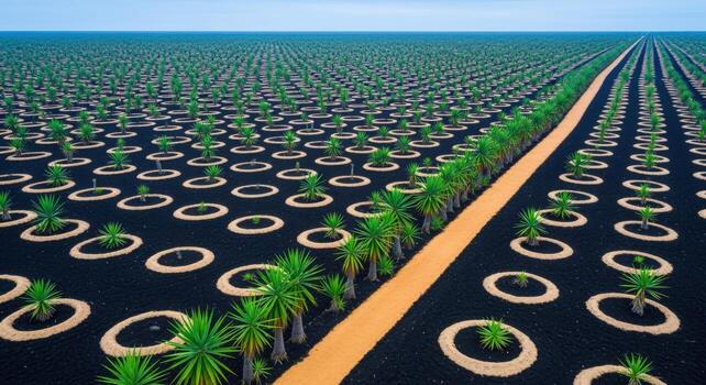 Agricultural Landscape of Lanzarote Vineyard Cultivation on Volcanic Soil with Geometric Patterns and Palm Tree Lined Path photo