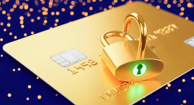 Secure Gold Credit Card with Padlock Financial Security, Data Protection, and Online Transaction Safety photo