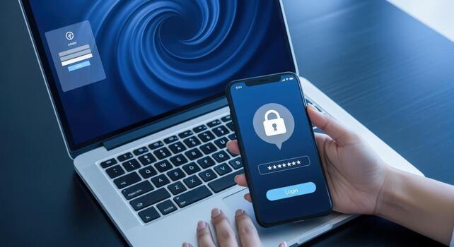 Data Security Laptop and Smartphone Displaying Secure Login and Password Authentication for Digital Protection photo