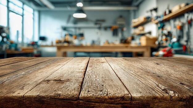 Rustic Wooden Table Surface with Blurred Workshop Background, Suitable for Product Display and Mockups photo