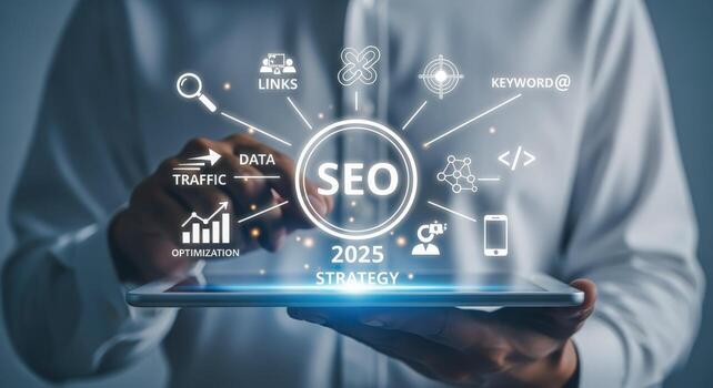 seo estrategia 2025 hombre participación tableta mostrando digital márketing y mejoramiento tecnicas, conectando datos foto