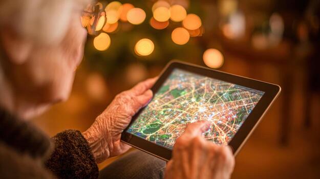 Elderly Person Using Tablet Device, Navigating App with Fingertip, Bokeh Lights Background photo