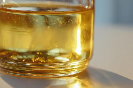 Golden Liquid in Glass Jar, Macro Shot Translucent, Viscous Fluid Close-up with Warm Light photo