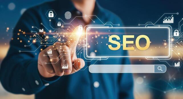 Digital Marketing Optimization Strategy Person Pointing to SEO Technology Interface for Search Engine Ranking photo