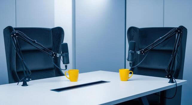 Podcast Studio Setup with Microphones and Coffee Mugs, Featuring Professional Broadcasting Equipment for Interview or Recording photo