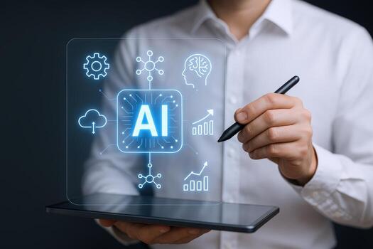 artificial inteligencia conceptual imagen hombre interactuando con holográfico ai interfaz en tableta, representando moderno tecnología foto