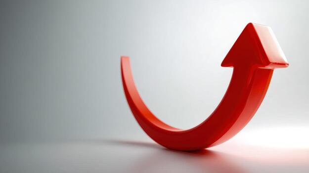 Red Arrow Curving Upward Symbolizing Growth, Success, and Positive Business Trends on Grey Background photo