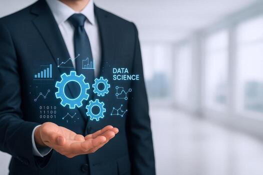 Professional displaying data science technology, featuring gears, graphs and binary code in a modern office setting photo