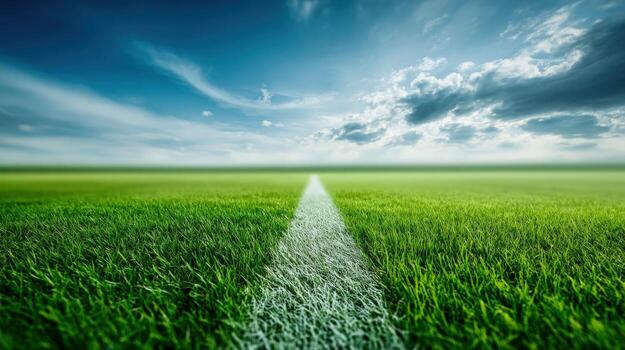 Lush Green Field with White Line Under a Dramatic Sky, Perfect for Sports and Recreation Concepts photo