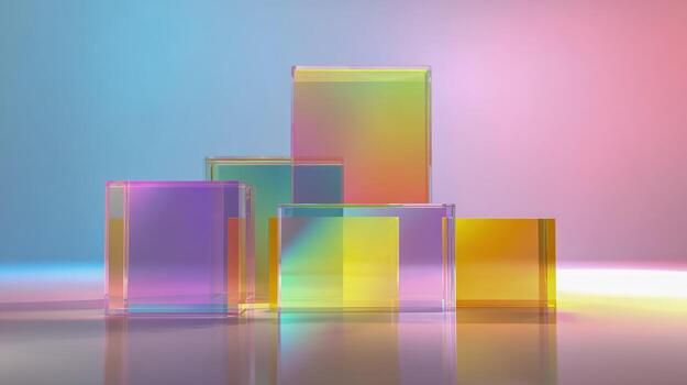 Colorful Gradient Glass Blocks on Reflective Surface Displaying Abstract Geometric Arrangement for Product Showcase photo