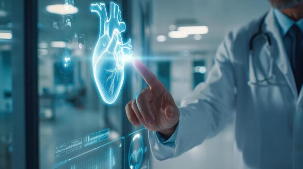 Doctor Analyzing Holographic Heart Model in Hospital Setting, Utilizing Advanced Medical Technology for Diagnosis and Treatment photo