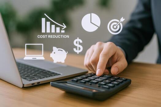 Cost Reduction Strategy Accountant Calculating Expenses with Laptop, Pie Chart, and Graph Icons on Desk photo