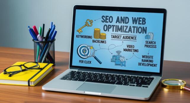 SEO and Web Optimization Strategy Displayed on Laptop Screen with Office Supplies Around photo