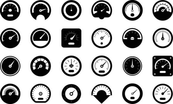 Diverse collection of black and white gauge icons representing speed measurement and various instrumental indicators for design elements vector