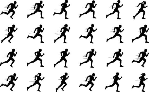 Silhouetted runners displaying running motion in a grid format suitable for fitness sport or athletic training design concepts vector