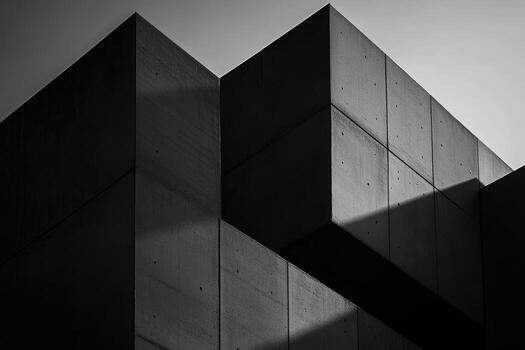 Black and white photograph of a building with a shadow photo