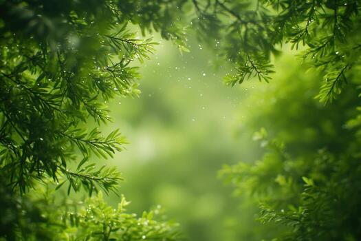 Lush green foliage frames a serene moment in a tranquil forest photo