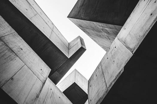 Black and white photograph of a concrete building photo