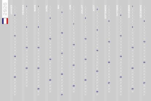 One-row vertical calendar for the year 2026 in French. French calendar for 2026 with highlighted Sundays. vector