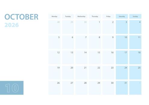 Calendar template for the October 2026, the week starts on Monday. The calendar is in a blue color scheme. vector