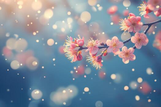 Cherry blossoms in bloom with soft bokeh background during spring season photo