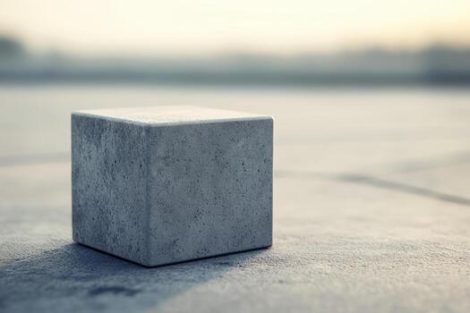Concrete cube on a smooth surface during sunset in a serene setting photo