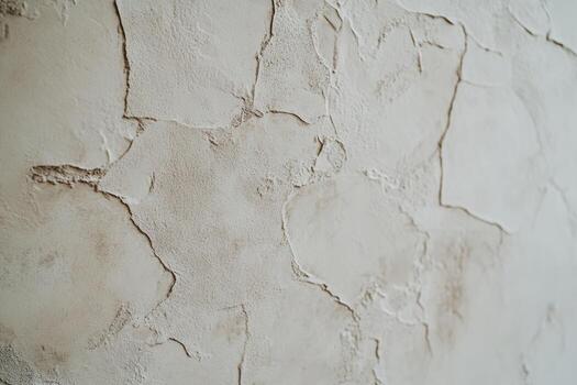 Textured plaster wall with cracks in a neutral color against a simple background photo