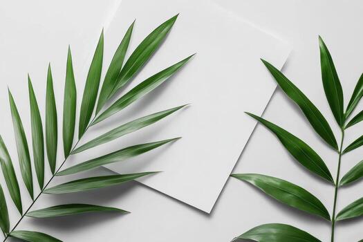 Green tropical leaves surrounding a blank sheet on white background photo