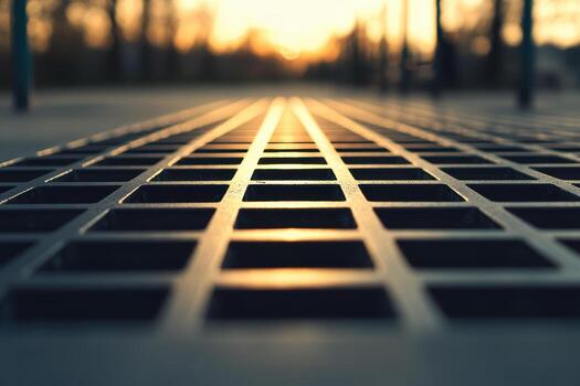 Grid patterns on pavement illuminated by sunset lighting up an urban area photo