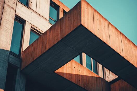 Modern architectural design featuring wooden and concrete elements photo
