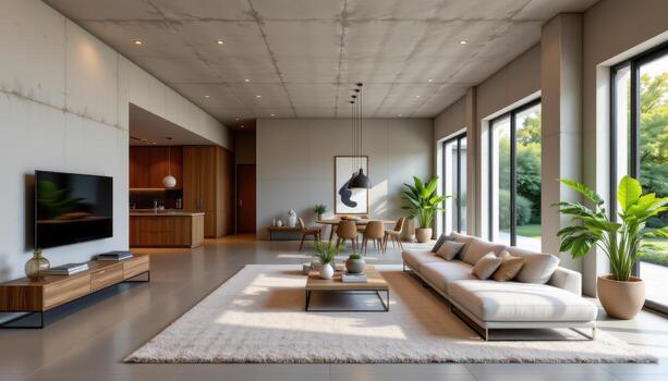 spacious open living room featuring concrete walls, angular sofa, hanging pendant lights, and clean art. photo