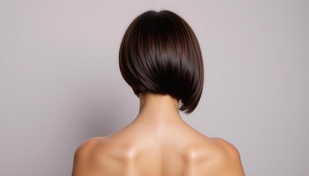 rear view of sleek bob hairstyle, sharp inward edges glowing with polished modern design. photo