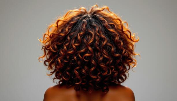 rear view of voluminous curly afro, bold textured curls glowing with natural definition. photo