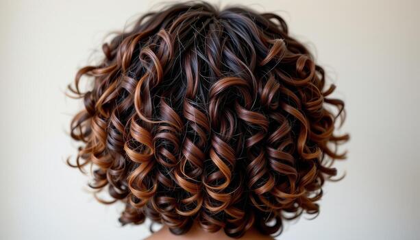 rear view of spiral curls hairstyle, defined bouncy texture shining under gentle light. photo