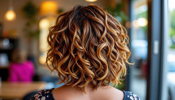 back view of curly layered hairstyle, radiant bounce defining lively textured glow. photo