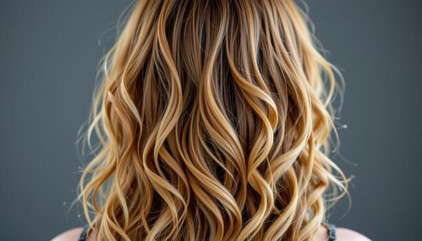 back view of long hairstyle with soft curls, glowing layers cascading gracefully. photo