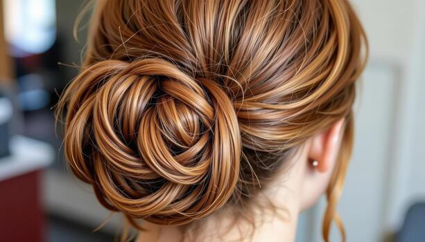 rear view of braided bun hairstyle, intricate loops glowing with refined neatness. photo