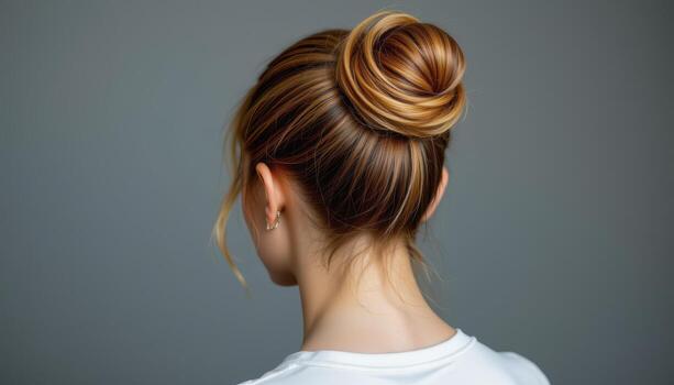 rear shot of high bun hairstyle, sleek smooth structure radiating minimal elegance. photo