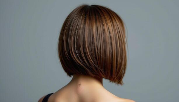 rear view of straight sleek bob cut, sharp minimal finish glowing with modern polished style. photo