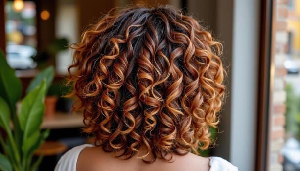 back view of curly hairstyle with layered bounce, radiant defined spirals glowing naturally. photo