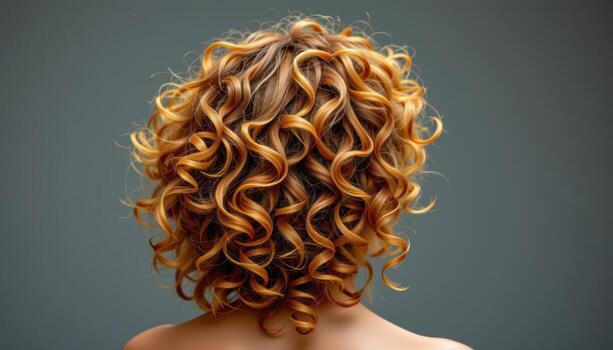 back view of curly hairstyle with radiant spirals, glowing defined bounce full of vitality. photo